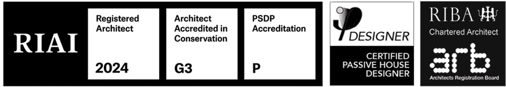 accreditation icons for 2024, RIAI, PSDP, Designer, RIBA